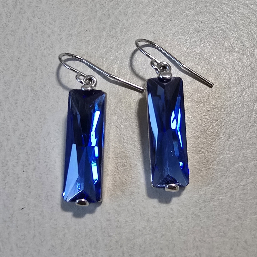 Swarovski Bermuda Blue Crystal Queen Baguette Sterling Silver Drop Earrings